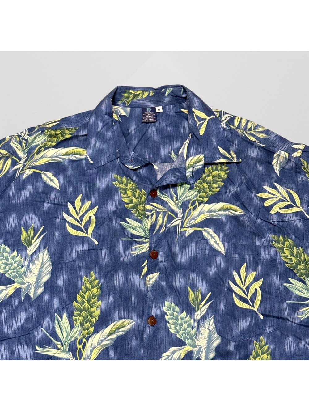 Hibiscus Collection Hawaii Men's Button Down Shirt M Leaves Blue Floral 23x31